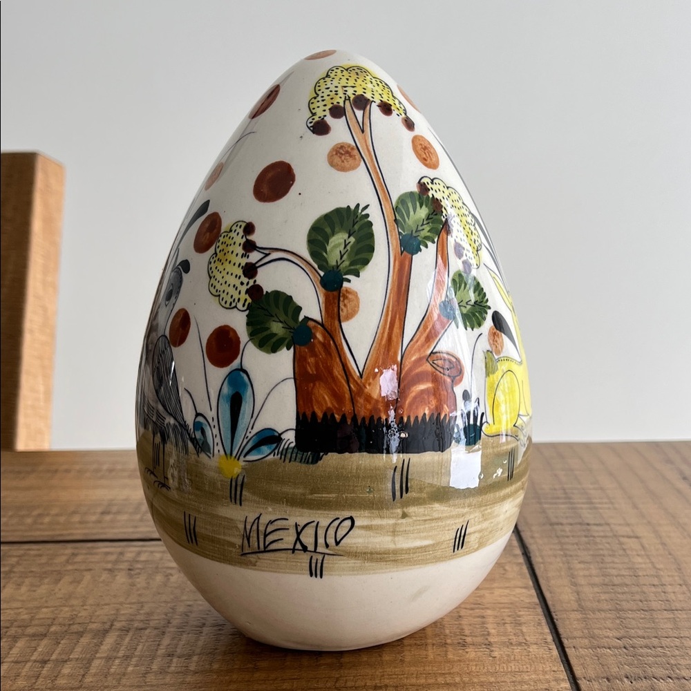 Vintage Large Tonala Mexico Ceramic Pottery Egg with Deer and Birds